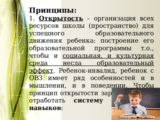 Принципы: 1. Открытость – организация всех ресурсов школы (пространство) для успешного образовательного движения ребенка: построение его образовательной программы т.о., чтобы и социальная, и культурная среда несла образовательный эффект . Ребенок-инвалид, ребенок с ОВЗ имеет ряд особенностей и в мышлении, и в поведении. Чтобы принцип открытости заработал, надо отработать систему жизненных навыков : 