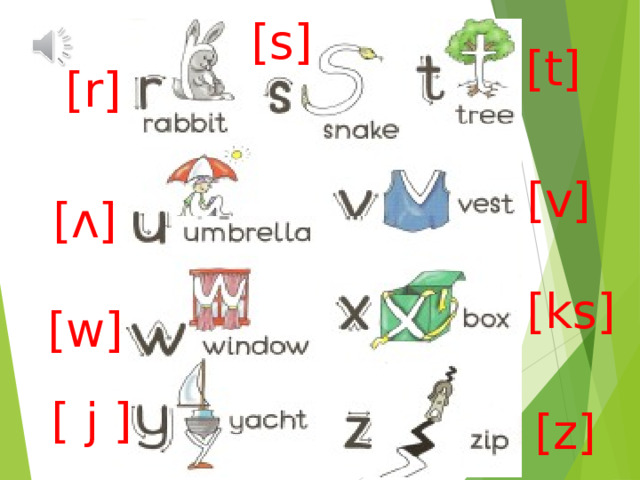 [s] [t] [ r ] [v] [ʌ] [ks] [w] [  j  ] [z] 