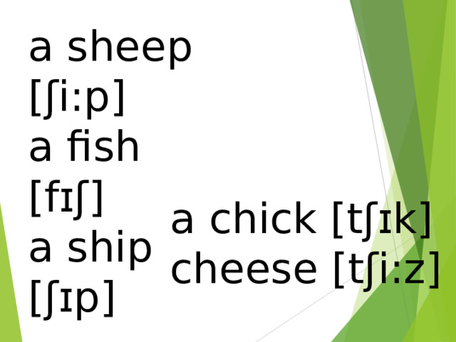 a sheep [ʃi:p] a fish  [f ɪʃ]  a ship  [ʃ ɪ p]  a chick [tʃ ɪk]  cheese [tʃi:z]  