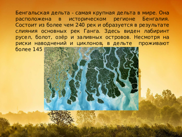 Бенгальская дельта - самая крупная дельта в мире. Она расположена в историческом регионе Бенгалия. Состоит из более чем 240 рек и образуется в результате слияния основных рек Ганга. Здесь виден лабиринт русел, болот, озёр и заливных островов. Несмотря на риски наводнений и циклонов, в дельте проживают более 145 миллионов человек. 