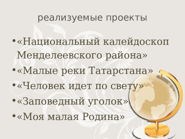  реализуемые проекты   «Национальный калейдоскоп Менделеевского района» «Малые реки Татарстана» «Человек идет по свету» «Заповедный уголок» «Моя малая Родина» 