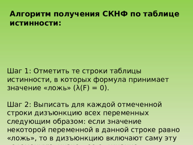 Алгоритм получения СКНФ по таблице истинности: Шаг 1: Отметить те строки таблицы истинности, в которых формула принимает значение «ложь» (λ(F) = 0). Шаг 2: Выписать для каждой отмеченной строки дизъюнкцию всех переменных следующим образом: если значение некоторой переменной в данной строке равно «ложь», то в дизъюнкцию включают саму эту переменную, иначе – ее отрицание. Шаг 3: Все полученные дизъюнкции связать в конъюнкцию. 