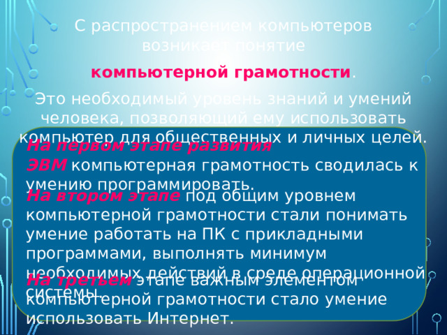С распространением компьютеров возникает понятие   компьютерной грамотности . Это необходимый уровень знаний и умений человека, позволяющий ему использовать компьютер для общественных и личных целей. На первом этапе развития ЭВМ  компьютерная грамотность сводилась к умению программировать.  На втором этапе  под общим уровнем компьютерной грамотности стали понимать умение работать на ПК с прикладными программами, выполнять минимум необходимых действий в среде операционной системы.  На третьем  этапе важным элементом компьютерной грамотности стало умение использовать Интернет. 
