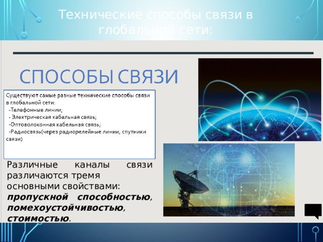 Технические способы связи в глобальной сети: Существуют самые разные технические способы связи в глобальной сети:    -Телефонные линии;    - Электрическая кабельная связь;    -Оптоволоконная кабельная связь;    -Радиосвязь(через радиорелейные линии, спутники связи)    Различные каналы связи различаются тремя основными свойствами:  пропускной способностью , помехоустойчивостью , стоимостью . 