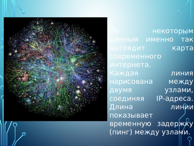 По некоторым данным именно так выглядит карта современного интернета. Каждая линия нарисована между двумя узлами, соединяя IP-адреса. Длина линии показывает временную задержку (пинг) между узлами. 