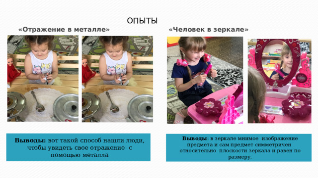  Опыты «Отражение в металле» «Человек в зеркале» Выводы: вот такой способ нашли люди, чтобы увидеть свое отражение с помощью металла Выводы : в зеркале мнимое изображение предмета и сам предмет симметричен относительно плоскости зеркала и равен по размеру. 