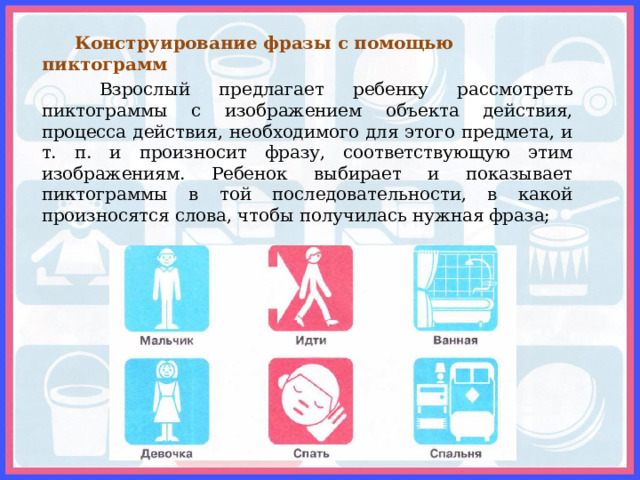  Конструирование фразы с помощью пиктограмм  Взрослый предлагает ребенку рассмотреть пиктограммы с изображением объекта действия, процесса действия, необходимого для этого предмета, и т. п. и произносит фразу, соответствующую этим изображениям. Ребенок выбирает и показывает пиктограммы в той последовательности, в какой произносятся слова, чтобы получилась нужная фраза; 