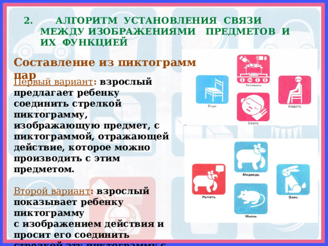  2. АЛГОРИТМ УСТАНОВЛЕНИЯ СВЯЗИ МЕЖДУ ИЗОБРАЖЕНИЯМИ ПРЕДМЕТОВ И ИХ ФУНКЦИЕЙ  Составление из пиктограмм пар Первый вариант : взрослый предлагает ребенку соединить стрелкой пиктограмму, изображающую предмет, с пиктограммой, отражающей действие, которое можно производить с этим предметом.  Второй вариант : взрослый показывает ребенку пиктограмму с изображением действия и просит его соединить стрелкой эту пиктограмму с пиктограммой, на которой нарисован соответствующий предмет.  