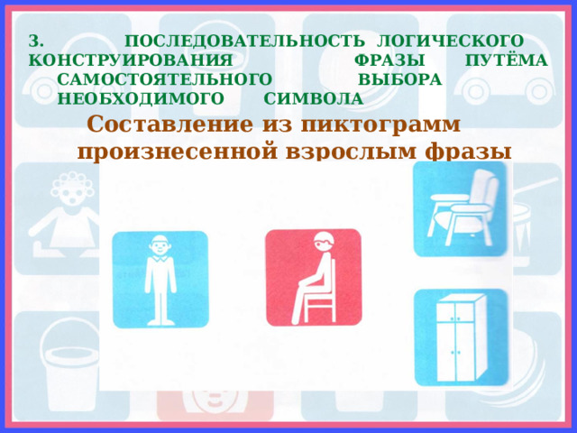  ПОСЛЕДОВАТЕЛЬНОСТЬ ЛОГИЧЕСКОГО КОНСТРУИРОВАНИЯ ФРАЗЫ ПУТЁМА САМОСТОЯТЕЛЬНОГО ВЫБОРА НЕОБХОДИМОГО СИМВОЛА  Составление из пиктограмм  произнесенной взрослым фразы 