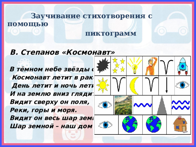  Заучивание стихотворения с помощью  пиктограмм   В. Степанов «Космонавт»   В тёмном небе звёзды светят.  Космонавт летит в ракете.  День летит и ночь летит  И на землю вниз глядит.  Видит сверху он поля,  Реки, горы и моря.  Видит он весь шар земной,  Шар земной – наш дом родной . 
