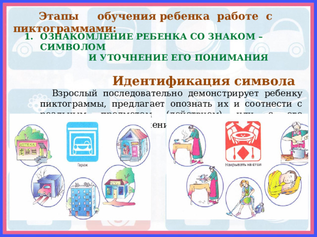  Этапы обучения ребенка работе с пиктограммами: ОЗНАКОМЛЕНИЕ РЕБЕНКА СО ЗНАКОМ – СИМВОЛОМ  И УТОЧНЕНИЕ ЕГО ПОНИМАНИЯ   Идентификация символа   Взрослый последовательно демонстрирует ребенку пиктограммы, предлагает опознать их и соотнести с реальным предметом (действием) или с его реалистичным изображением на картинке; 