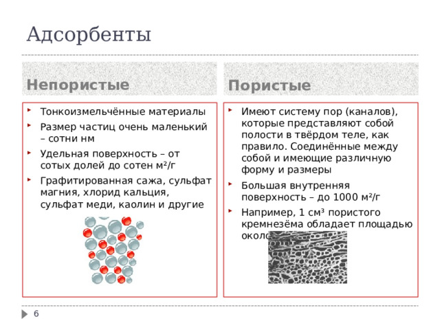 Адсорбенты Непористые Пористые Тонкоизмельчённые материалы Размер частиц очень маленький – сотни нм Удельная поверхность – от сотых долей до сотен м²/г Графитированная сажа, сульфат магния, хлорид кальция, сульфат меди, каолин и другие  Имеют систему пор (каналов), которые представляют собой полости в твёрдом теле, как правило. Соединённые между собой и имеющие различную форму и размеры Большая внутренняя поверхность – до 1000 м²/г Например, 1 см³ пористого кремнезёма обладает площадью около 90 м²  
