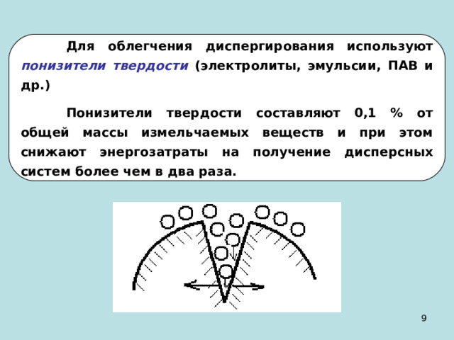  Для облегчения диспергирования используют понизители твердости (электролиты, эмульсии, ПАВ и др.)   Понизители твердости составляют 0,1 % от общей массы измельчаемых веществ и при этом снижают энергозатраты на получение дисперсных систем более чем в два раза. 8 