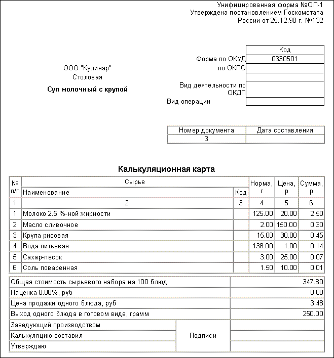 Форма оп 1 калькуляционная карта