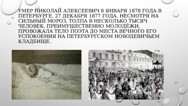 Умер Николай Алексеевич 8 января 1878 года в Петербурге, 27 декабря 1877 года. Несмотря на сильный мороз, толпа в несколько тысяч человек, преимущественно молодёжи, провожала тело поэта до места вечного его успокоения на петербургском Новодевичьем кладбище. 