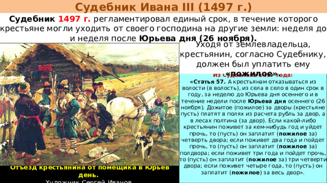 Судебник Ивана III (1497 г.) Судебник 1497 г.  регламентировал единый срок, в течение которого крестьяне могли уходить от своего господина на другие земли: неделя до и неделя после Юрьева дня (26 ноября). Уходя от землевладельца, крестьянин, согласно Судебнику, должен был уплатить ему «пожилое». Из Судебника 1497 года: «Статья 57. А крестьянам отказываться из волости (в волость), из села в село в один срок в году, за неделю до Юрьева дня осеннего и в течение недели после Юрьева дня осеннего (26 ноября). Дожитое (пожилое) за дворы (крестьяне пусть) платят в полях из расчета рубль за двор, а в лесах полтина (за двор). Если какой-либо крестьянин поживет за кем-нибудь год и уйдет прочь, то (пусть) он заплатит ( пожилое за) четверть двора; если поживет два года и пойдет прочь, то (пусть) он заплатит ( пожилое за) полдвора; если поживет три года и пойдет прочь, то (пусть) он заплатит ( пожилое за) три четверти двора; если поживет четыре года, то (пусть) он заплатит ( пожилое ) за весь двор». Отъезд крестьянина от помещика в Юрьев день. Художник Сергей Иванов. 