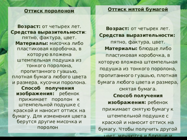 Оттиск мятой бумагой   Возраст: от четырех лет. Средства выразительности:  пятно, фактура, цвет. Материалы: блюдце либо пластиковая коробочка, в которую вложена штемпельная подушка из тонкого поролона, пропитанного гуашью, плотная бумага любого цвета и размера, смятая бумага. Способ получения изображения: ребенок прижимает смятую бумагу к штемпельной подушке с краской и наносит оттиск на бумагу. Чтобы получить другой цвет, меняются и блюдце и смятая бумага Оттиск поролоном   Возраст: от четырех лет. Средства выразительности : пятно, фактура, цвет. Материалы: мисочка либо пластиковая коробочка, в которую вложена штемпельная подушка из тонкого поролона, пропитанного гуашью, плотная бумага любого цвета и размера, кусочки поролона. Способ получения изображения: ребенок прижимает поролон к штемпельной подушке с краской и наносит оттиск на бумагу. Для изменения цвета берутся другие мисочка и поролон . 