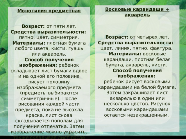 Восковые карандаши + акварель    Возраст: от четырех лет. Средства выразительности: цвет, линия, пятно, фактура. Материалы: восковые карандаши, плотная белая бумага, акварель, кисти. Способ получения изображения:  ребенок рисует восковыми карандашами на белой бумаге. Затем закрашивает лист акварелью в один или несколько цветов. Рисунок восковыми карандашами остается незакрашенным. . Монотипия предметная   Возраст: от пяти лет. Средства выразительности: пятно, цвет, симметрия. Материалы: плотная бумага любого цвета, кисти, гуашь или акварель. Способ получения изображения: ребенок складывает лист бумаги вдвое и на одной его половине рисует половину изображаемого предмета (предметы выбираются симметричные). После рисования каждой части предмета, пока не высохла краска, лист снова складывается пополам для получения отпечатка. Затем изображение можно украсить, также складывая лист после рисования нескольких украшений 