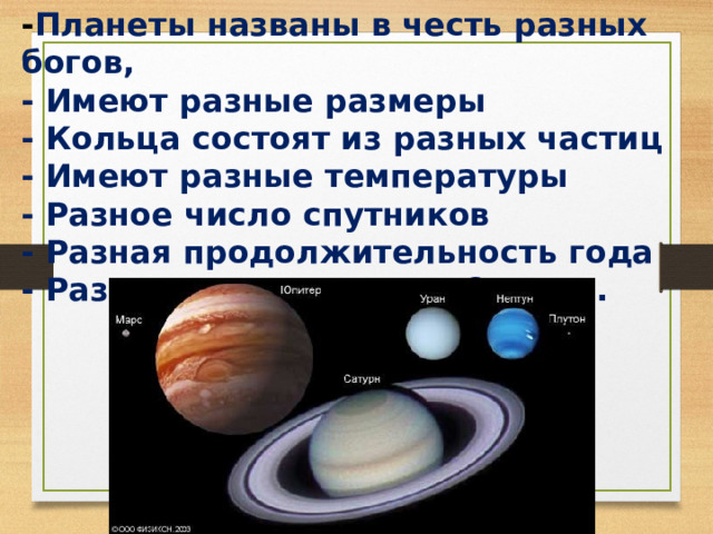 - Планеты названы в честь разных богов, - Имеют разные размеры - Кольца состоят из разных частиц - Имеют разные температуры - Разное число спутников - Разная продолжительность года - Разное расстояние до Солнца. 
