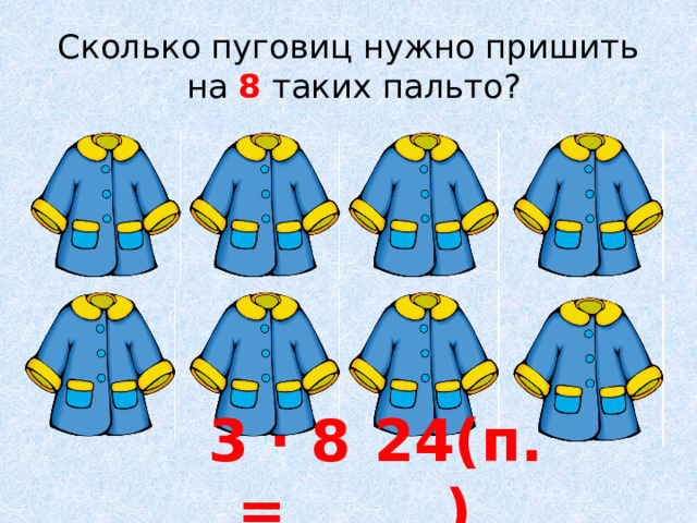 Сколько пуговиц нужно пришить  на 8 таких пальто? 3 ∙ 8 =  24(п.) 