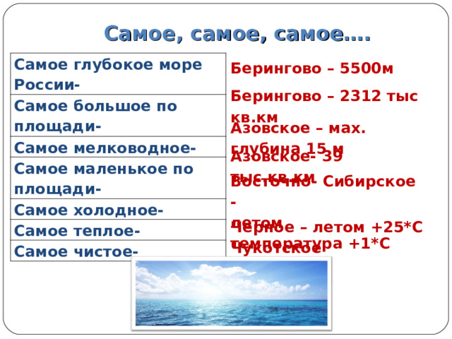 Самое, самое, самое…. Берингово – 5500м Самое глубокое море России- Самое большое по площади- Самое мелководное- Самое маленькое по площади- Самое холодное- Самое теплое- Самое чистое- Берингово – 2312 тыс кв.км Азовское – мах. глубина 15 м Азовское- 39 тыс.кв.км Восточно- Сибирское - летом  температура +1*С Черное – летом +25*С Чукотское 