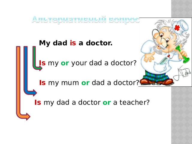  My dad is a doctor.  Is my or your dad a doctor?  Is my mum or dad a doctor?  Is my dad a doctor or a teacher? 