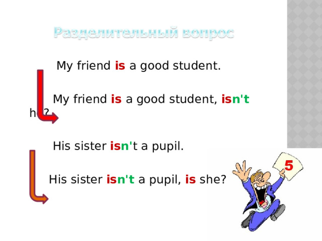  My friend is a good student.  My friend is a good student, is n't he?  His sister is n' t a pupil.  His sister is n't a pupil, is she? 