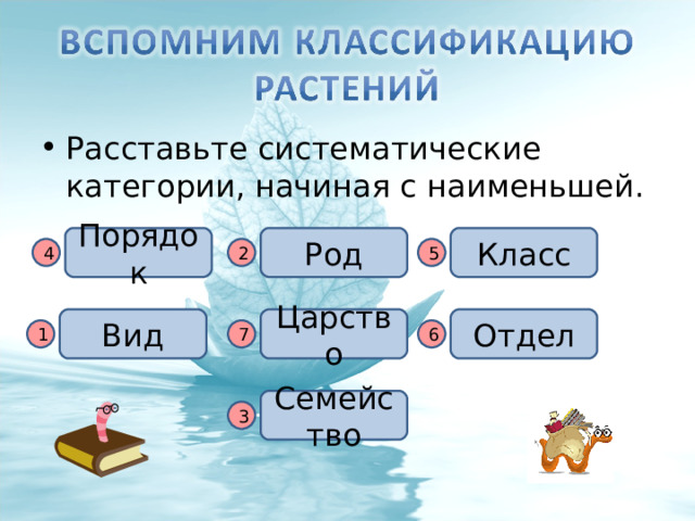 Расставьте систематические категории, начиная с наименьшей. Класс Порядок Род 4 2 5 Вид Отдел Царство 1 7 6 Семейство 3 