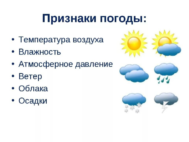 Основные элементы погоды - температура, Основные элементы погоды - температура,  -влажность,  -атмосферное давление.  -влажность,  -атмосферное давление. 