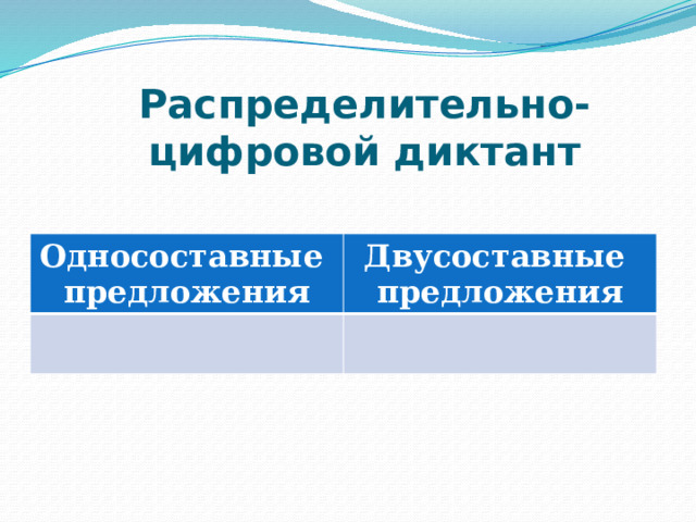 Распределительно-цифровой диктант Односоставные предложения Двусоставные предложения 