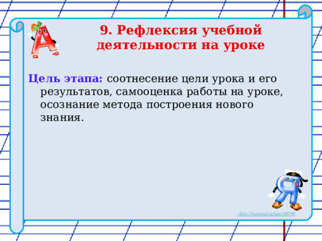 9. Рефлексия учебной деятельности на уроке     Цель этапа: соотнесение цели урока и его результатов, самооценка работы на уроке, осознание метода построения нового знания. 
