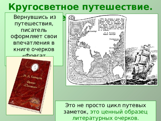 Кругосветное путешествие. Впечатления  Вернувшись из путешествия, писатель оформляет свои впечатления в книге очерков «Фрегат «Паллада». Это не просто цикл путевых заметок, это ценный образец литературных очерков. 