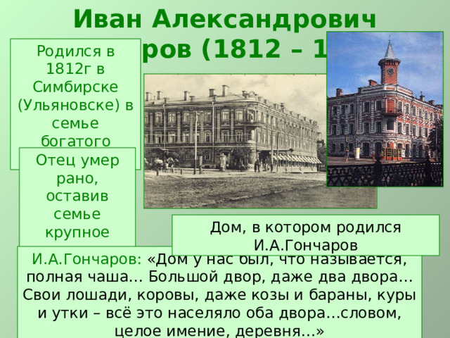 Иван Александрович Гончаров (1812 – 1891) Родился в 1812г в Симбирске (Ульяновске) в семье богатого купца. Отец умер рано, оставив семье крупное состояние. Дом, в котором родился И.А.Гончаров И.А.Гончаров: «Дом у нас был, что называется, полная чаша… Большой двор, даже два двора… Свои лошади, коровы, даже козы и бараны, куры и утки – всё это населяло оба двора…словом, целое имение, деревня…» 