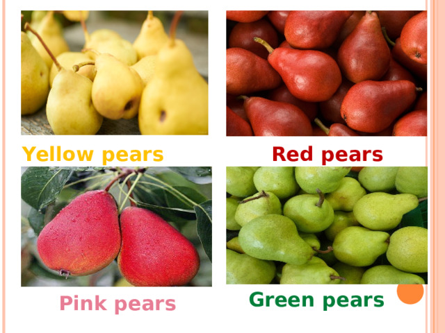Yellow pears Red pears Green pears Pink pears 