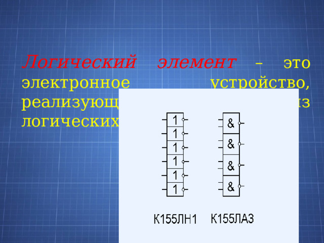 Логический элемент  – это электронное устройство, реализующее одну из логических функций 