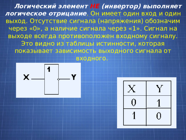 Логический элемент НЕ (инвертор) выполняет логическое отрицание . Он имеет один вход и один выход. Отсутствие сигнала (напряжения) обозначим через «0», а наличие сигнала через «1». Сигнал на выходе всегда противоположен входному сигналу. Это видно из таблицы истинности, которая показывает зависимость выходного сигнала от входного.                                                                           