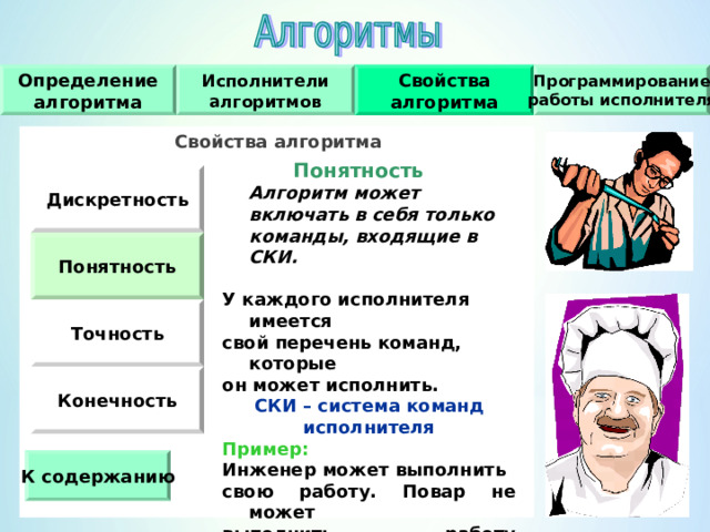 Исполнители алгоритмов Программирование работы исполнителя Свойства алгоритма Определение алгоритма Свойства алгоритма    Понятность   Алгоритм может включать в себя только команды, входящие в СКИ.  У каждого исполнителя имеется свой перечень команд, которые он может исполнить. СКИ – система команд исполнителя Пример : Инженер может выполнить  свою работу.  Повар не может выполнить работу инженера, даже если ему дана подробная инструкция. Дискретность Понятность Точность Конечность К содержанию 