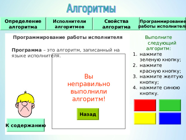 Программирование работы исполнителя Свойства алгоритма Исполнители алгоритмов Определение алгоритма Программирование работы исполнителя   Программа – это алгоритм, записанный на языке исполнителя. Выполните следующий алгоритм : нажмите зеленую кнопку ; нажмите красную кнопку ; нажмите желтую кнопку ; нажмите синюю кнопку. Вы неправильно выполнили алгоритм! Назад К содержанию 