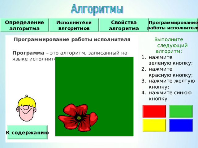 Исполнители алгоритмов Программирование работы исполнителя Свойства алгоритма Определение алгоритма Программирование работы исполнителя   Программа – это алгоритм, записанный на языке исполнителя. Выполните следующий алгоритм : нажмите зеленую кнопку ; нажмите красную кнопку ; нажмите желтую кнопку ; нажмите синюю кнопку. К содержанию 