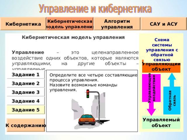 Обратная связь Управляющее воздействие САУ и АСУ Кибернетическая модель управления Кибернетика Алгоритм управления Кибернетическая модель управления  Управление – это целенаправленное воздействие одних объектов, которые являются управляющими , на другие объекты – управляемые . Схема системы управления с обратной связью Управляющий объект Задание 1 Определите все четыре составляющие процесса управления. Назовите возможные команды управления. Задание 2 Задание 3 Задание 4 Задание 5 Управляемый объект К содержанию 