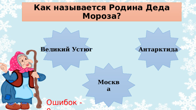 Как называется Родина Деда Мороза?   Великий Устюг Антарктида Москва Ошибок - 0 