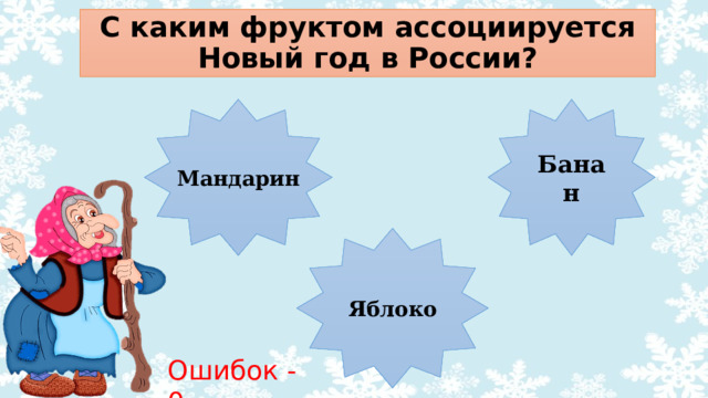 С каким фруктом ассоциируется Новый год в России? Банан  Мандарин Яблоко Ошибок - 0 7 