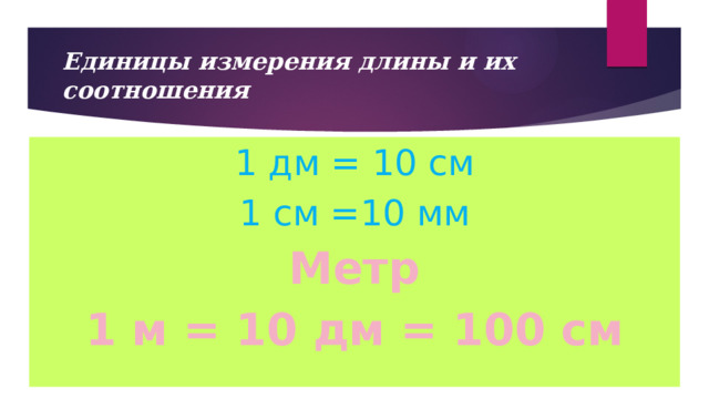 Единицы измерения длины и их соотношения 1 дм = 10 см 1 см =10 мм Метр 1 м = 10 дм = 100 см 