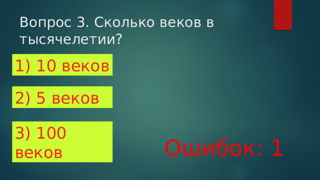 Вопрос 3. Сколько веков в тысячелетии? 1) 10 веков 2) 5 веков 3) 100 веков Ошибок: 1 