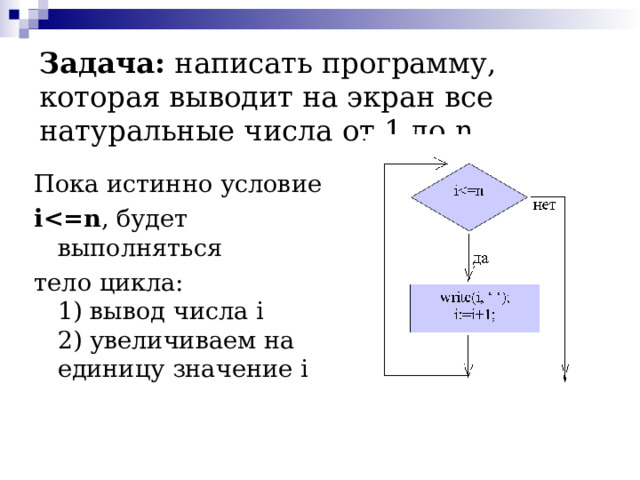 Задача: написать программу, которая выводит на экран все натуральные числа от 1 до n  Решение: умеем составлять алгоритм с циклом for Программа с циклом for Program m 1 ; var i,n:integer; begin writeln('Введите n'); readln(n); for i:=1 to n do  write(i,' '); end . Программа с циклом while Program m2; var i,n:integer; begin writeln('Введите n');  readln(n); i:=1; while ido  begin  write(i,' ');  i:=i+1;  end ;  end . 