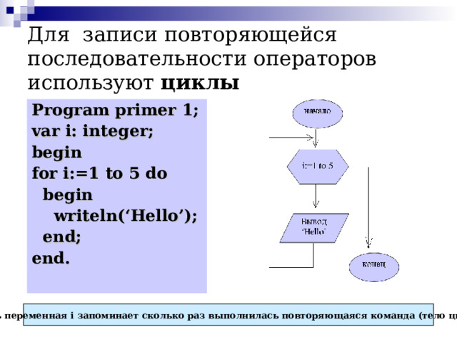 Для записи повторяющейся последовательности операторов используют циклы Program primer 1; var i: integer; begin for i:=1 to 5 do  begin  writeln(‘Hello’);  end; end. Здесь переменная i запоминает сколько раз выполнилась повторяющаяся команда (тело цикла) 