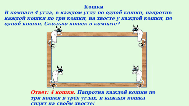 Напротив каждой кошки по три кошки. В каждом углу сидит кошка напротив каждой кошки по три кошки. Было три кошки одна ушла задание для детей.