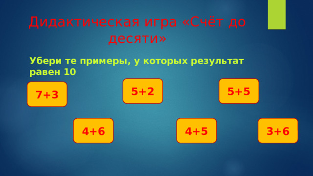 Дидактическая игра «Счёт до десяти» Убери те примеры, у которых результат равен 10 5+2 5+5 7+3 4+6 4+5 3+6 