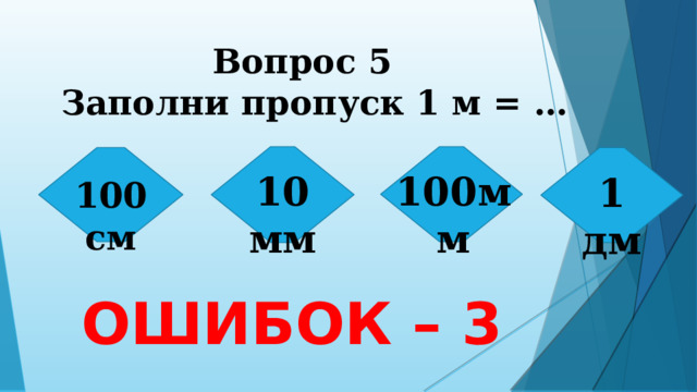 Вопрос 5   Заполни пропуск 1 м = … 100мм 10 мм 1 дм 100 см ОШИБОК – 3 