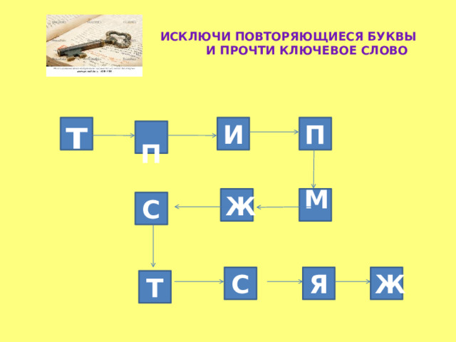  ИСКЛЮЧИ ПОВТОРЯЮЩИЕСЯ БУКВЫ  И ПРОЧТИ КЛЮЧЕВОЕ СЛОВО П И т  П М  Ж С С  Я Ж  Т 